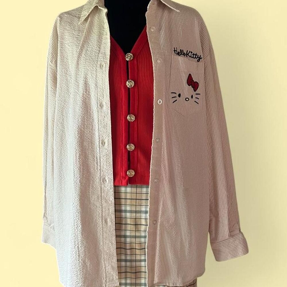Hello Kitty x Forever 21 Cream Striped Button Up Shirt Sanrio Size S